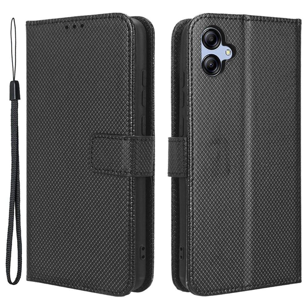 For Samsung Galaxy A04e 4G / F04 4G / M04 4G Magnetic Clasp Protective Phone Cover Diamond Texture PU Leather Foldable Stand Flip Wallet Phone Case - Black - 1