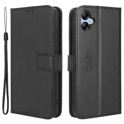 For Samsung Galaxy A04e 4G / F04 4G / M04 4G Magnetic Clasp Protective Phone Cover Diamond Texture PU Leather Foldable Stand Flip Wallet Phone Case - Black - 1