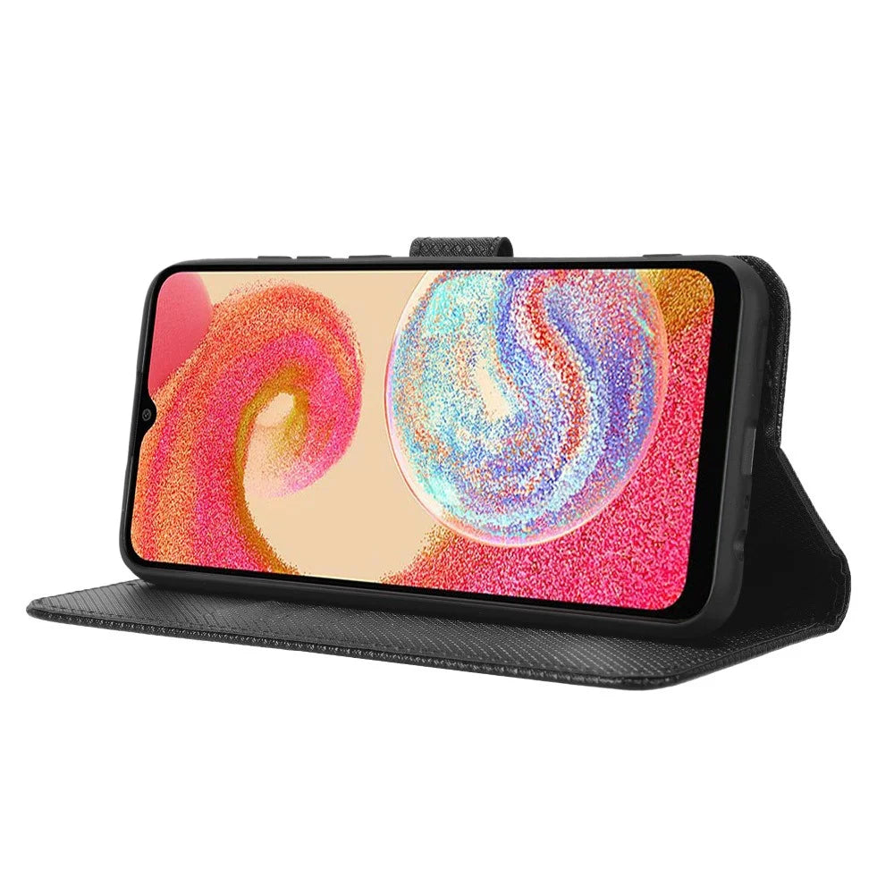 For Samsung Galaxy A04e 4G / F04 4G / M04 4G Magnetic Clasp Protective Phone Cover Diamond Texture PU Leather Foldable Stand Flip Wallet Phone Case - Black - 3