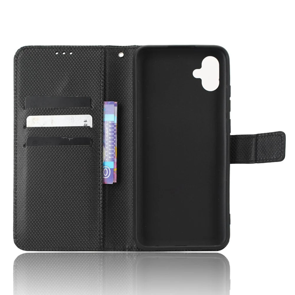 For Samsung Galaxy A04e 4G / F04 4G / M04 4G Magnetic Clasp Protective Phone Cover Diamond Texture PU Leather Foldable Stand Flip Wallet Phone Case - Black - 4