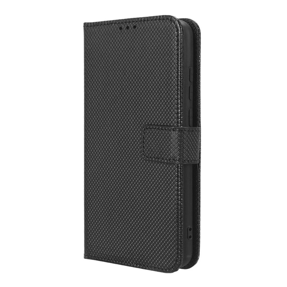 For Samsung Galaxy A04e 4G / F04 4G / M04 4G Magnetic Clasp Protective Phone Cover Diamond Texture PU Leather Foldable Stand Flip Wallet Phone Case - Black - 6