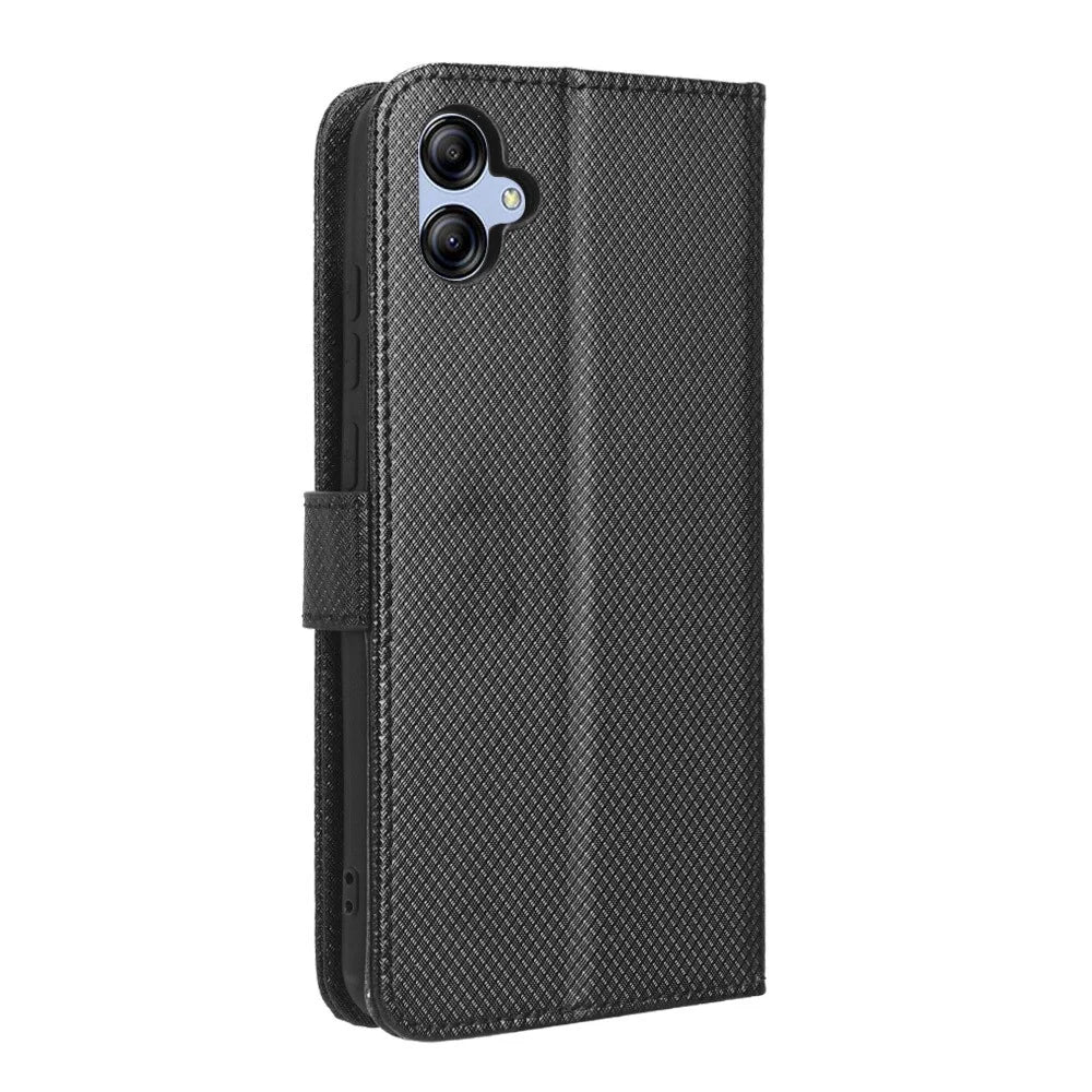 For Samsung Galaxy A04e 4G / F04 4G / M04 4G Magnetic Clasp Protective Phone Cover Diamond Texture PU Leather Foldable Stand Flip Wallet Phone Case - Black - 7