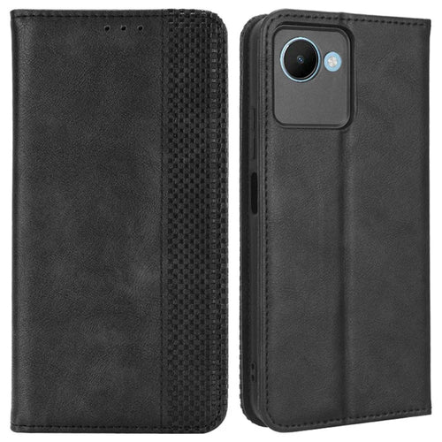 For Realme C30 4G / C30s 4G Magnetic Auto Closing Phone Case Hands-free Stand Retro Texture Imprinted Pattern PU Leather Flip Wallet Phone Cover - Black - 1