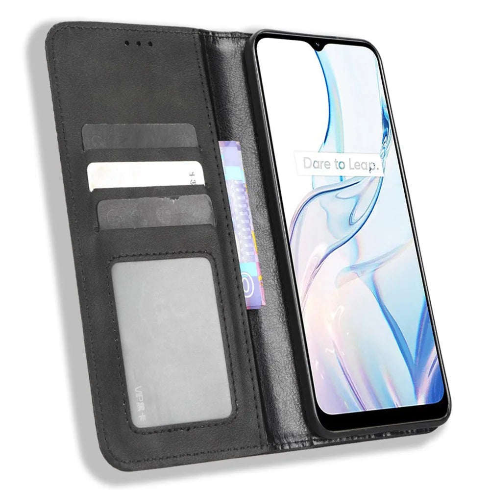 For Realme C30 4G / C30s 4G Magnetic Auto Closing Phone Case Hands-free Stand Retro Texture Imprinted Pattern PU Leather Flip Wallet Phone Cover - Black - 2