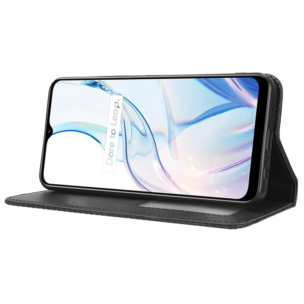 For Realme C30 4G / C30s 4G Magnetic Auto Closing Phone Case Hands-free Stand Retro Texture Imprinted Pattern PU Leather Flip Wallet Phone Cover - Black - 3