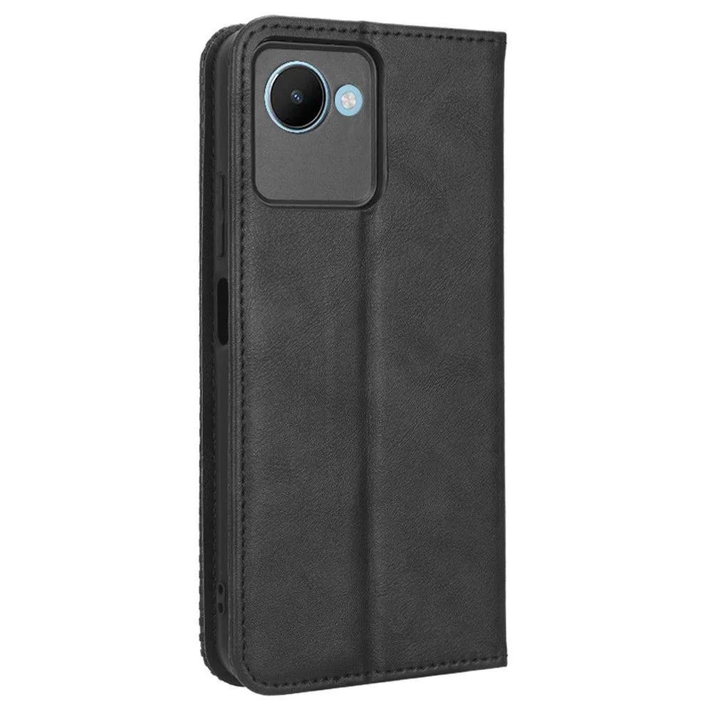 For Realme C30 4G / C30s 4G Magnetic Auto Closing Phone Case Hands-free Stand Retro Texture Imprinted Pattern PU Leather Flip Wallet Phone Cover - Black - 7