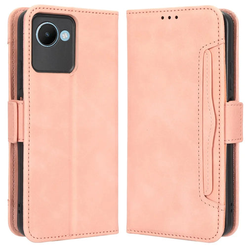For Realme C30 4G / C30s 4G Fall Protection PU Leather Phone Case Multiple Card Slots Magnetic Flip Phone Cover Wallet Stand - Pink - 1