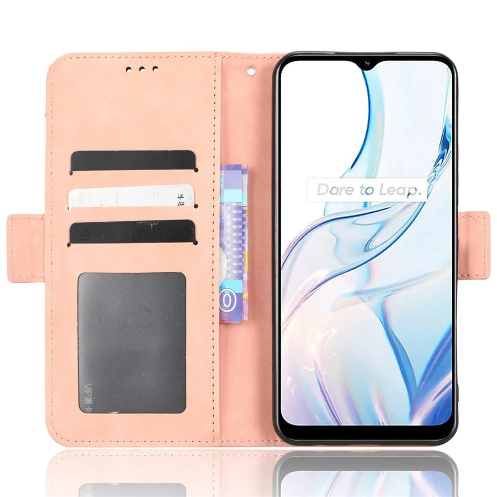For Realme C30 4G / C30s 4G Fall Protection PU Leather Phone Case Multiple Card Slots Magnetic Flip Phone Cover Wallet Stand - Pink - 2