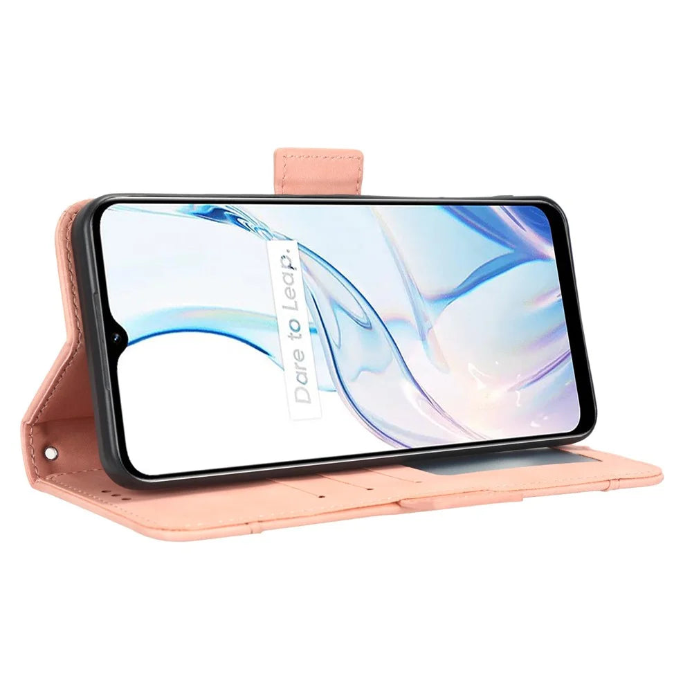 For Realme C30 4G / C30s 4G Fall Protection PU Leather Phone Case Multiple Card Slots Magnetic Flip Phone Cover Wallet Stand - Pink - 3