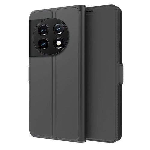 For OnePlus 11 5G Flip Folio Phone Cover Stand Card Holder PU Leather + Inner TPU Protective Magnetic Phone Case - Black - 1