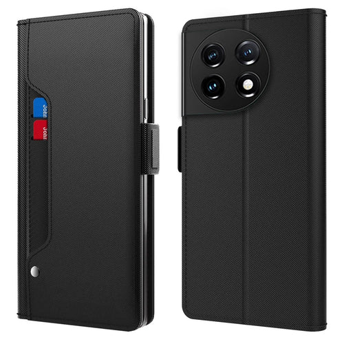 Anti-fall Phone Case for OnePlus 11 5G, PU Leather+TPU Foldable Stand Card Holder Magnetic Phone Cover with Makeup Mirror - Black - 1