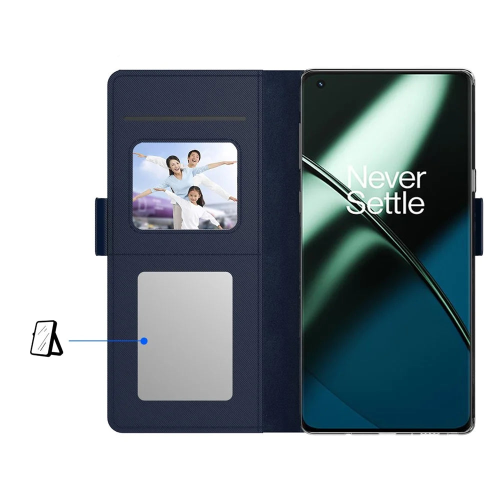 Anti-fall Phone Case for OnePlus 11 5G, PU Leather+TPU Foldable Stand Card Holder Magnetic Phone Cover with Makeup Mirror - Black - 2
