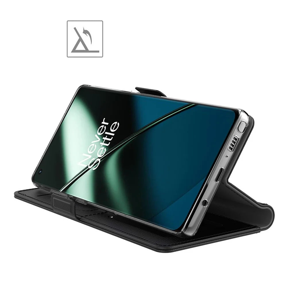 Anti-fall Phone Case for OnePlus 11 5G, PU Leather+TPU Foldable Stand Card Holder Magnetic Phone Cover with Makeup Mirror - Black - 3