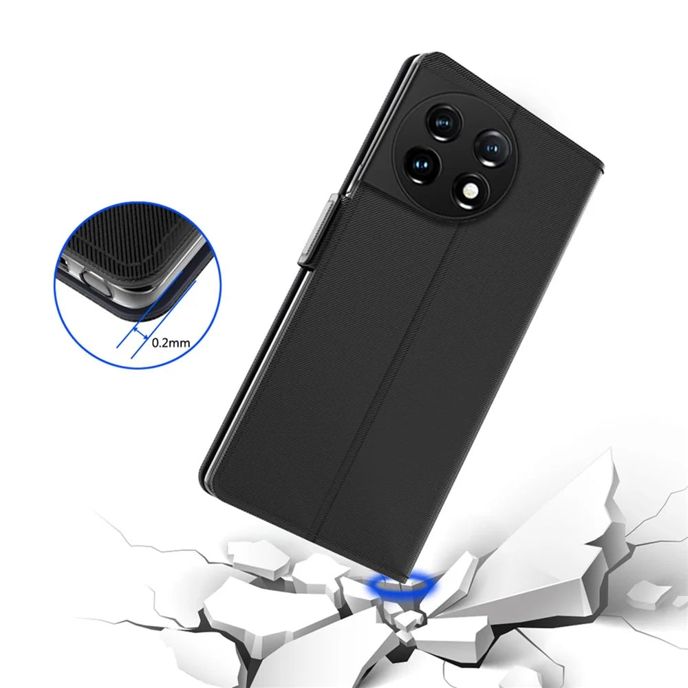 Anti-fall Phone Case for OnePlus 11 5G, PU Leather+TPU Foldable Stand Card Holder Magnetic Phone Cover with Makeup Mirror - Black - 4
