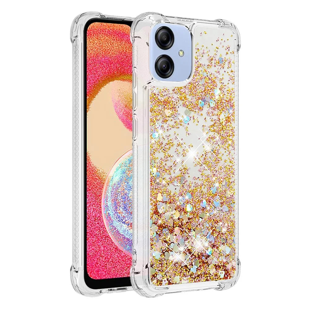 For Samsung Galaxy A04e 4G / F04 4G / M04 4G TPU Case Glitter Quicksand Shockproof Phone Back Cover - Gold  /  Hearts - 1