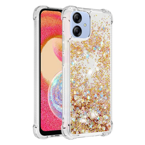 For Samsung Galaxy A04e 4G / F04 4G / M04 4G TPU Case Glitter Quicksand Shockproof Phone Back Cover - Gold  /  Hearts - 1