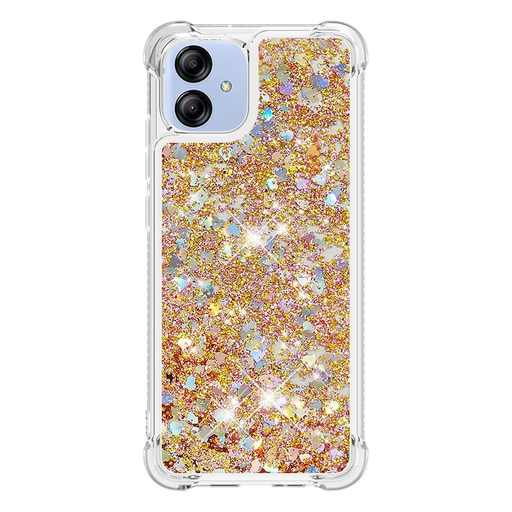 For Samsung Galaxy A04e 4G / F04 4G / M04 4G TPU Case Glitter Quicksand Shockproof Phone Back Cover - Gold  /  Hearts - 2