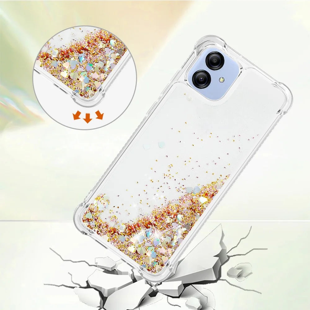 For Samsung Galaxy A04e 4G / F04 4G / M04 4G TPU Case Glitter Quicksand Shockproof Phone Back Cover - Gold  /  Hearts - 3