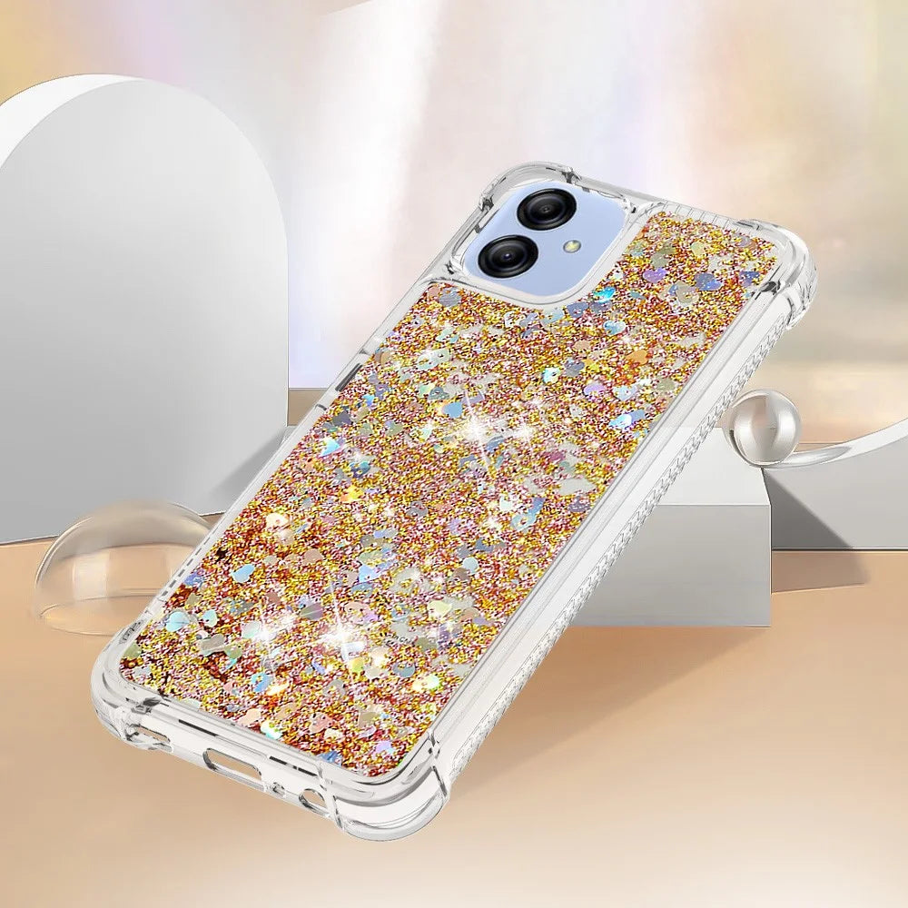 For Samsung Galaxy A04e 4G / F04 4G / M04 4G TPU Case Glitter Quicksand Shockproof Phone Back Cover - Gold  /  Hearts - 4