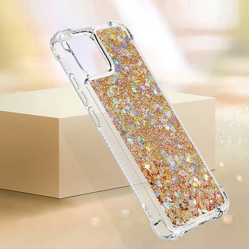 For Samsung Galaxy A04e 4G / F04 4G / M04 4G TPU Case Glitter Quicksand Shockproof Phone Back Cover - Gold  /  Hearts - 5