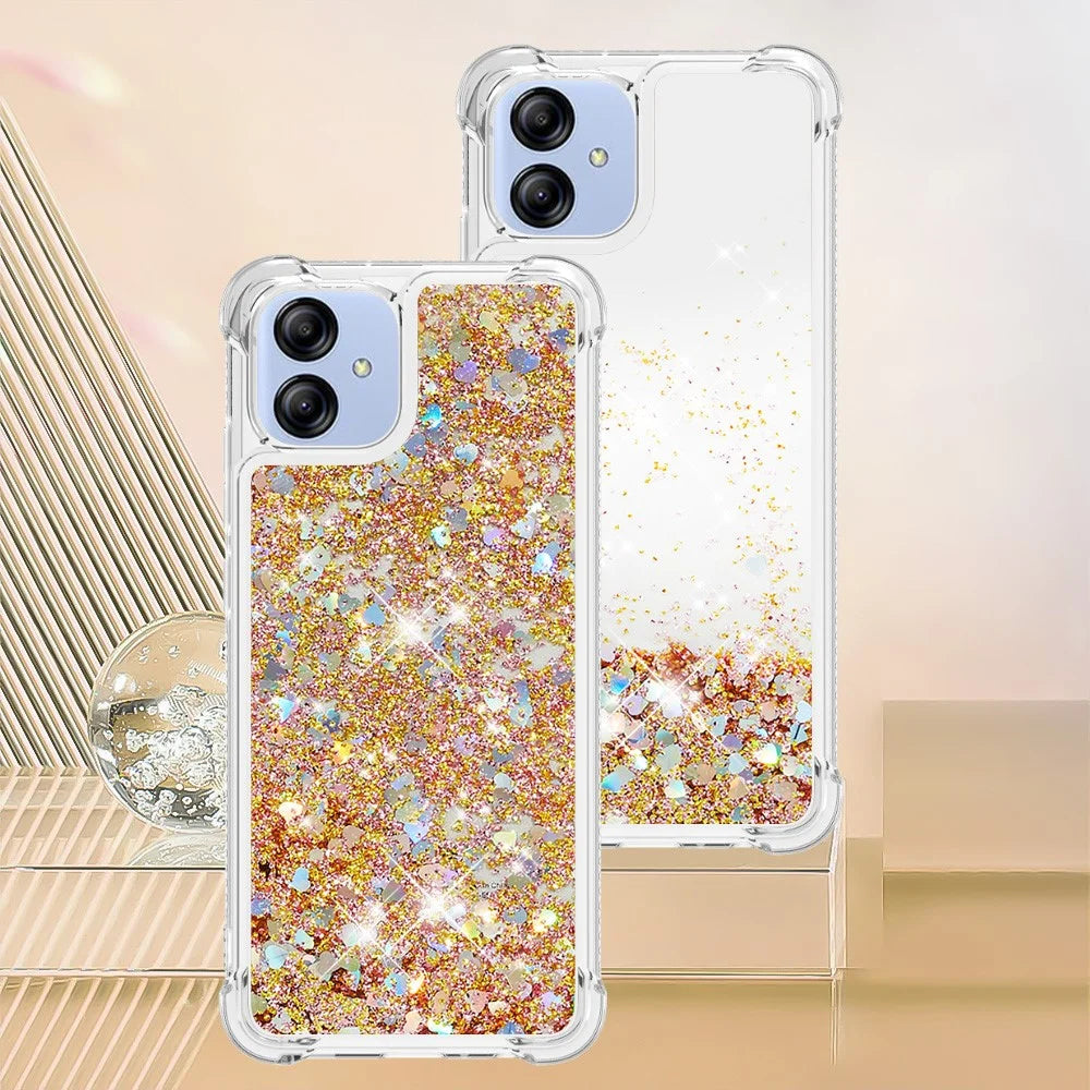 For Samsung Galaxy A04e 4G / F04 4G / M04 4G TPU Case Glitter Quicksand Shockproof Phone Back Cover - Gold  /  Hearts - 6