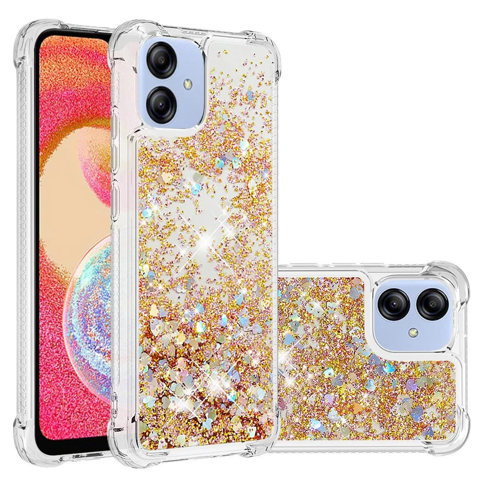 For Samsung Galaxy A04e 4G / F04 4G / M04 4G TPU Case Glitter Quicksand Shockproof Phone Back Cover - Gold  /  Hearts - 7