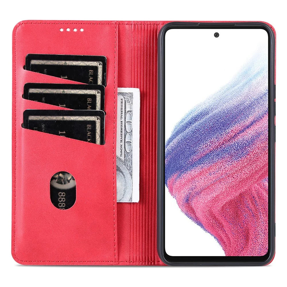 AZNS For Samsung Galaxy A34 5G Anti-drop Cowhide Texture Phone Case Stand Wallet PU Leather Magnetic Auto-absorbed Protective Folio Flip Phone Cover - Red - 2