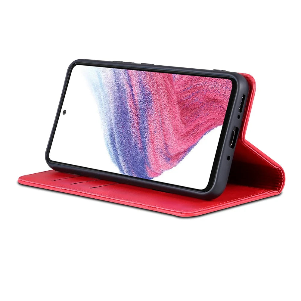 AZNS For Samsung Galaxy A34 5G Anti-drop Cowhide Texture Phone Case Stand Wallet PU Leather Magnetic Auto-absorbed Protective Folio Flip Phone Cover - Red - 3