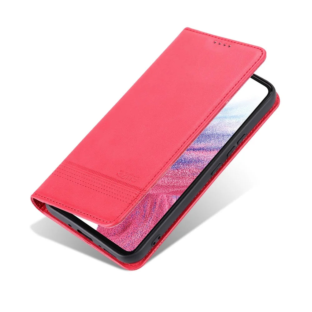 AZNS For Samsung Galaxy A34 5G Anti-drop Cowhide Texture Phone Case Stand Wallet PU Leather Magnetic Auto-absorbed Protective Folio Flip Phone Cover - Red - 6