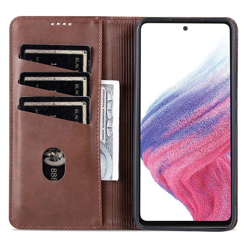 AZNS Anti-fall Phone Case For Samsung Galaxy A54 5G, Stand Wallet Cowhide Texture PU Leather Magnetic Auto-absorbed Folio Flip Phone Cover - Coffee - 2