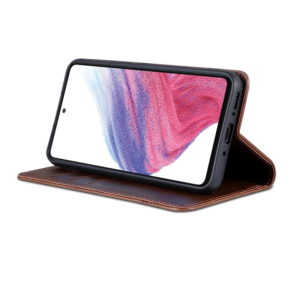 AZNS Anti-fall Phone Case For Samsung Galaxy A54 5G, Stand Wallet Cowhide Texture PU Leather Magnetic Auto-absorbed Folio Flip Phone Cover - Coffee - 3