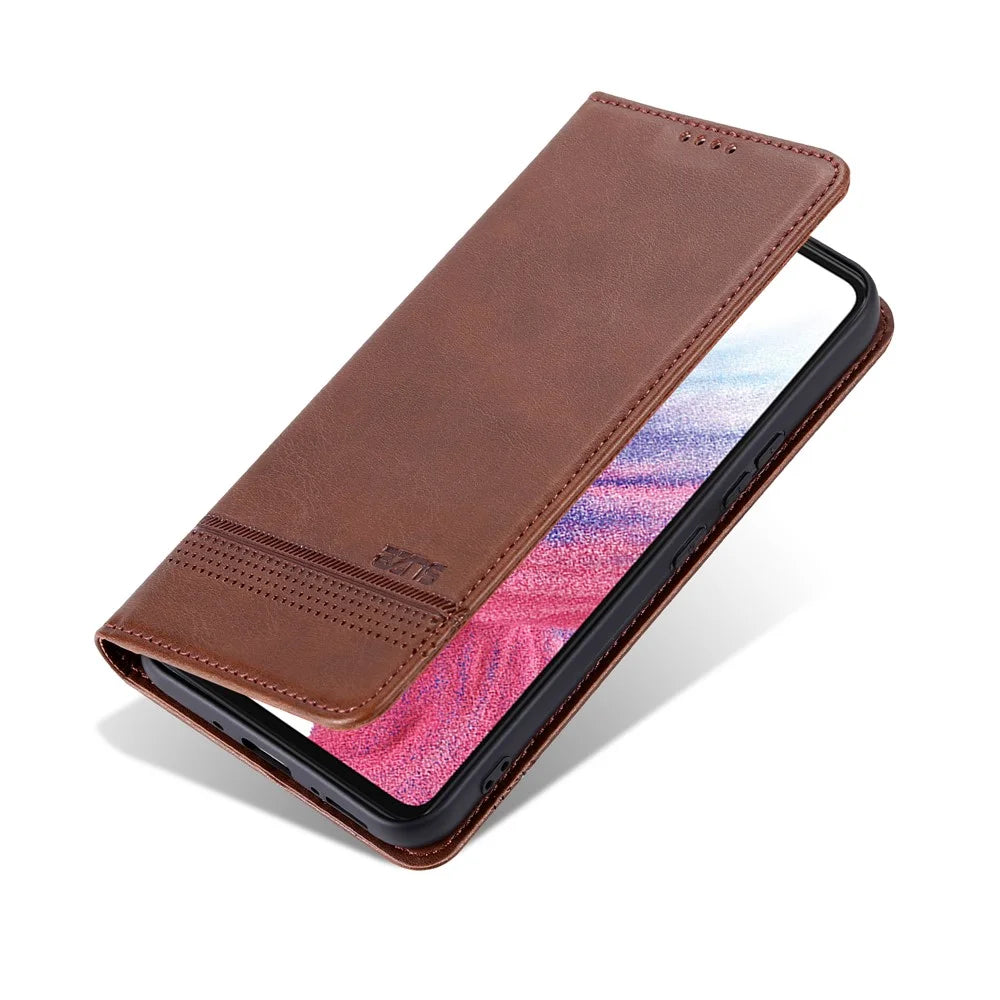 AZNS Anti-fall Phone Case For Samsung Galaxy A54 5G, Stand Wallet Cowhide Texture PU Leather Magnetic Auto-absorbed Folio Flip Phone Cover - Coffee - 6