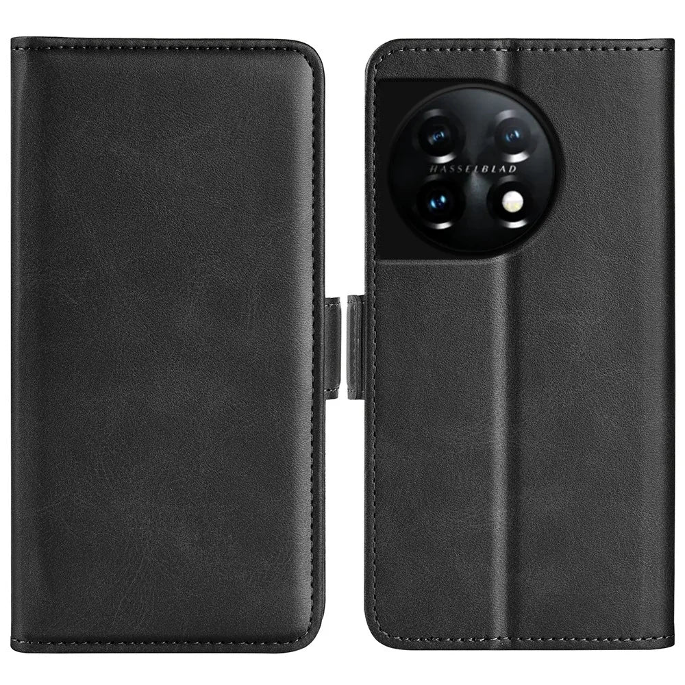 For OnePlus 11 5G Calf Texture PU Leather Phone Case Dual Magnetic Clasp Protective Cover with Stand Wallet - Black - 1