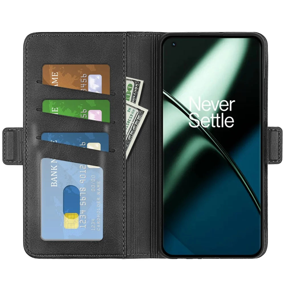 For OnePlus 11 5G Calf Texture PU Leather Phone Case Dual Magnetic Clasp Protective Cover with Stand Wallet - Black - 2