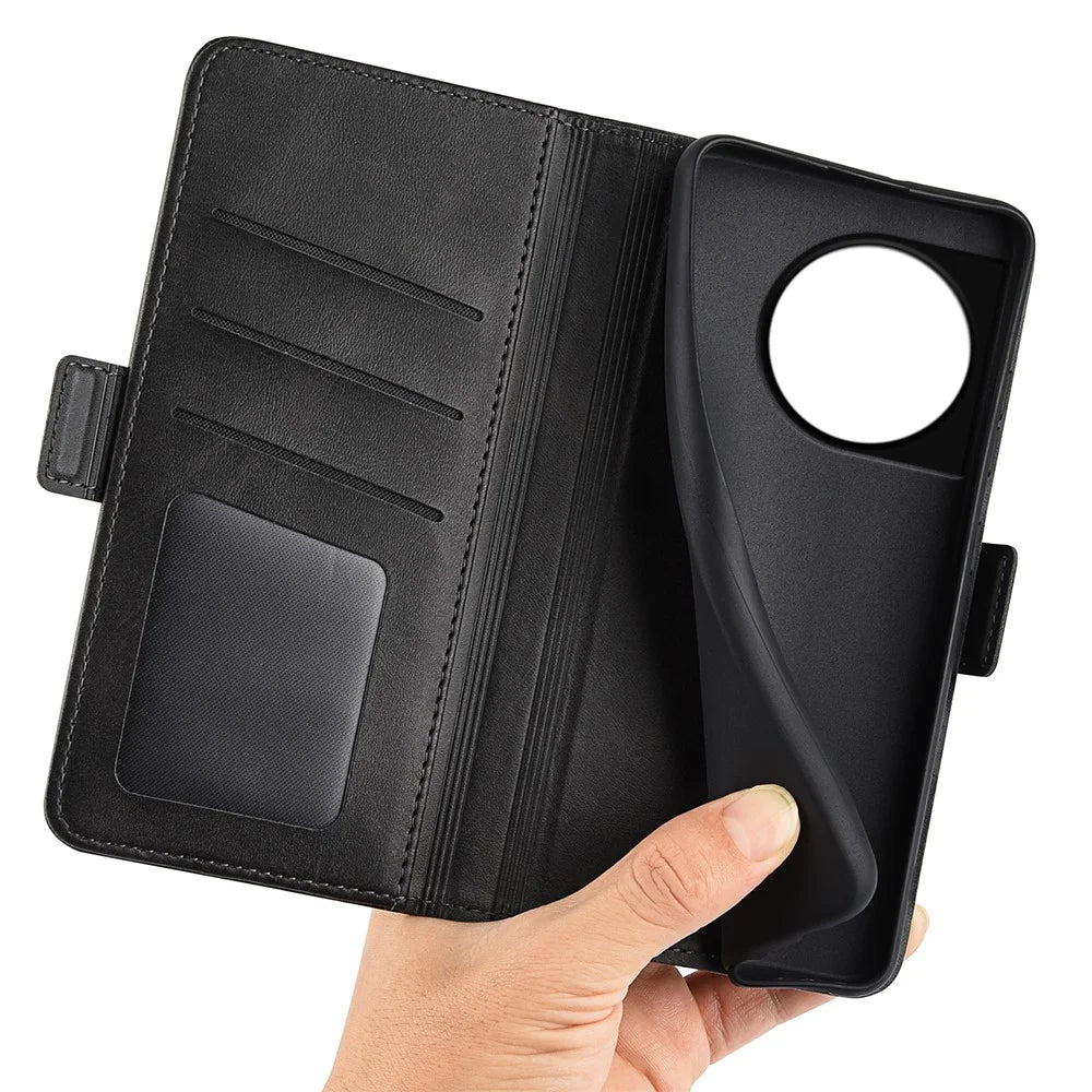 For OnePlus 11 5G Calf Texture PU Leather Phone Case Dual Magnetic Clasp Protective Cover with Stand Wallet - Black - 5