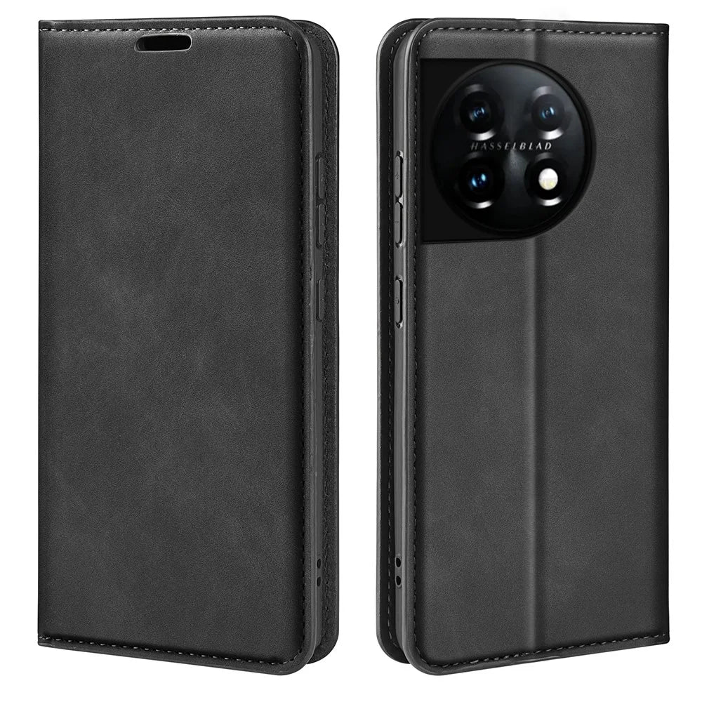 For OnePlus 11 5G Skin-touch Feeling Magnetic Auto-absorbed Wallet Case Fully Wrapped PU Leather Stand Flip Phone Cover - Black - 1