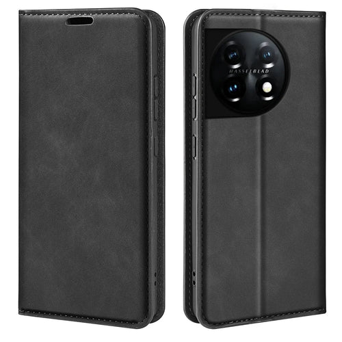 For OnePlus 11 5G Skin-touch Feeling Magnetic Auto-absorbed Wallet Case Fully Wrapped PU Leather Stand Flip Phone Cover - Black - 1