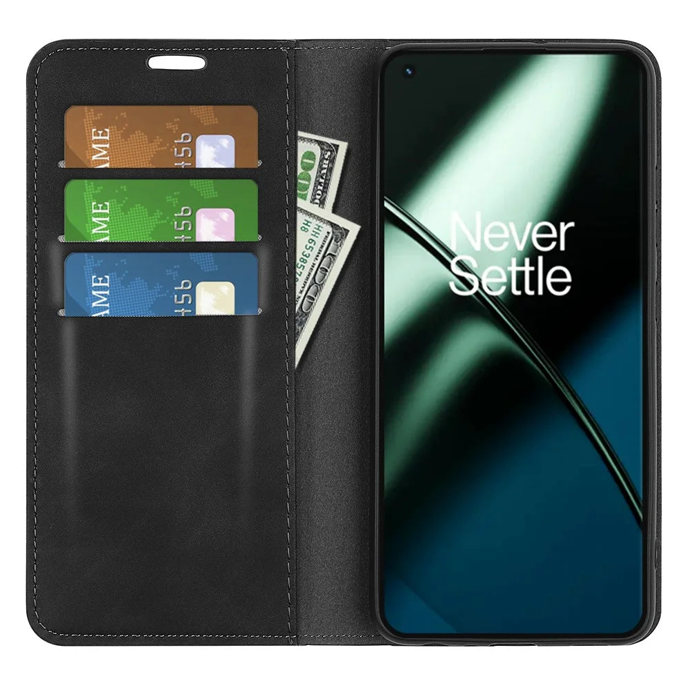 For OnePlus 11 5G Skin-touch Feeling Magnetic Auto-absorbed Wallet Case Fully Wrapped PU Leather Stand Flip Phone Cover - Black - 2