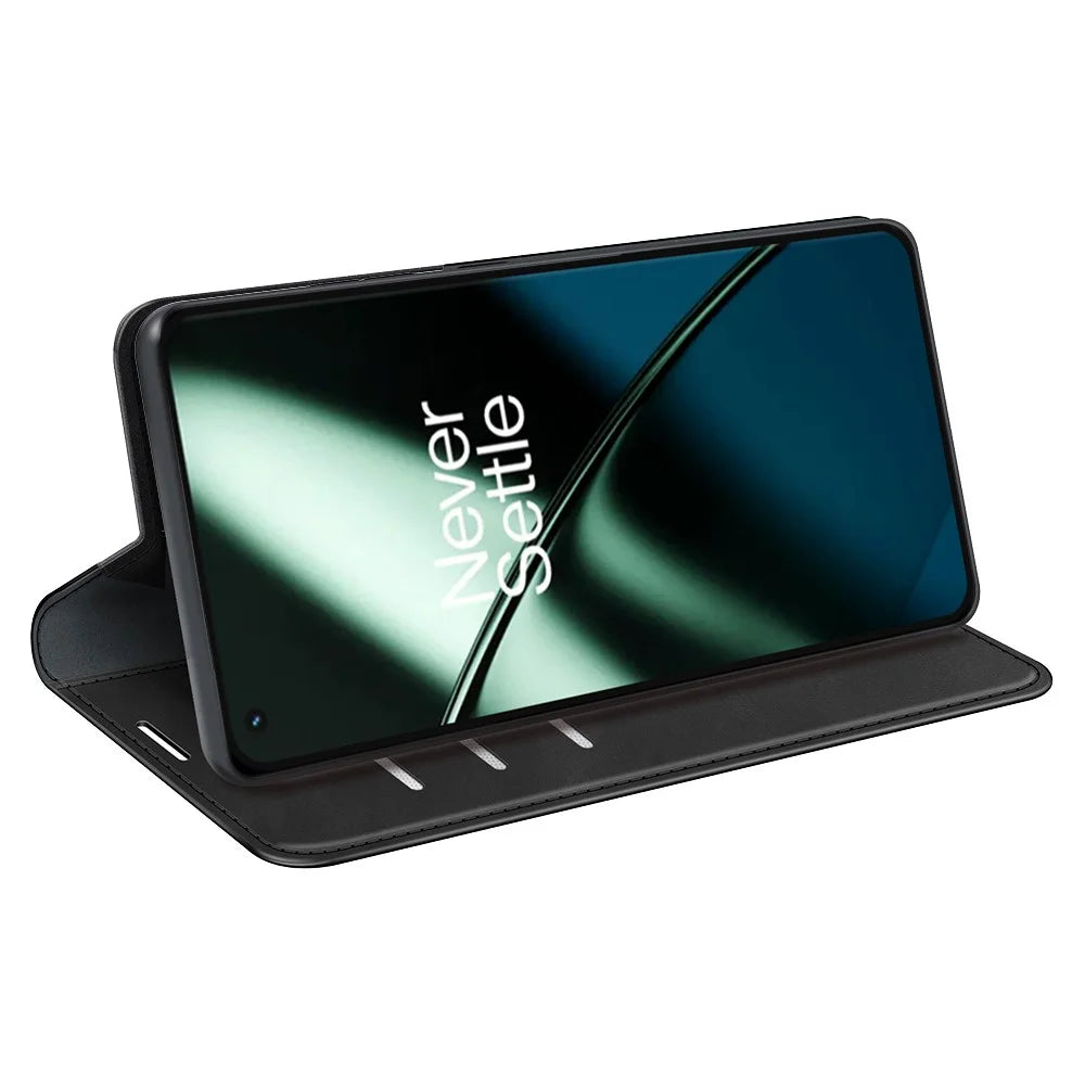 For OnePlus 11 5G Skin-touch Feeling Magnetic Auto-absorbed Wallet Case Fully Wrapped PU Leather Stand Flip Phone Cover - Black - 3