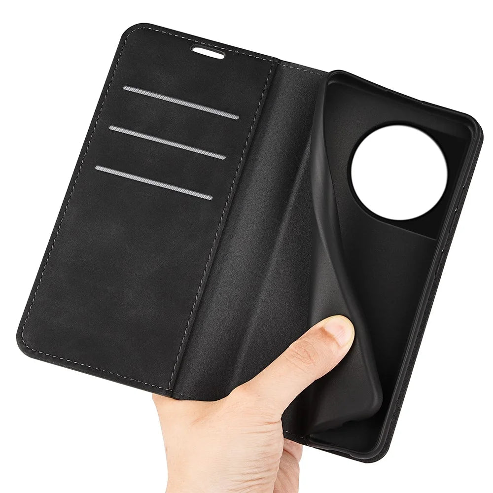 For OnePlus 11 5G Skin-touch Feeling Magnetic Auto-absorbed Wallet Case Fully Wrapped PU Leather Stand Flip Phone Cover - Black - 5