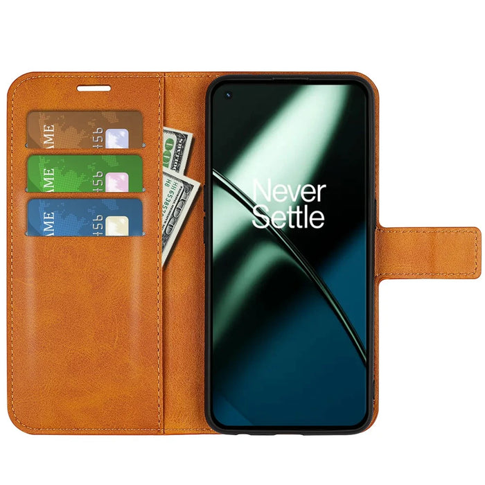 Shockproof Phone Case For OnePlus 11 5G, PU Leather Stand Wallet Calf Texture Square Magnetic Clasp Phone Cover - Yellow - 2