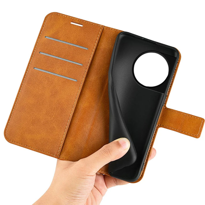 Shockproof Phone Case For OnePlus 11 5G, PU Leather Stand Wallet Calf Texture Square Magnetic Clasp Phone Cover - Yellow - 7