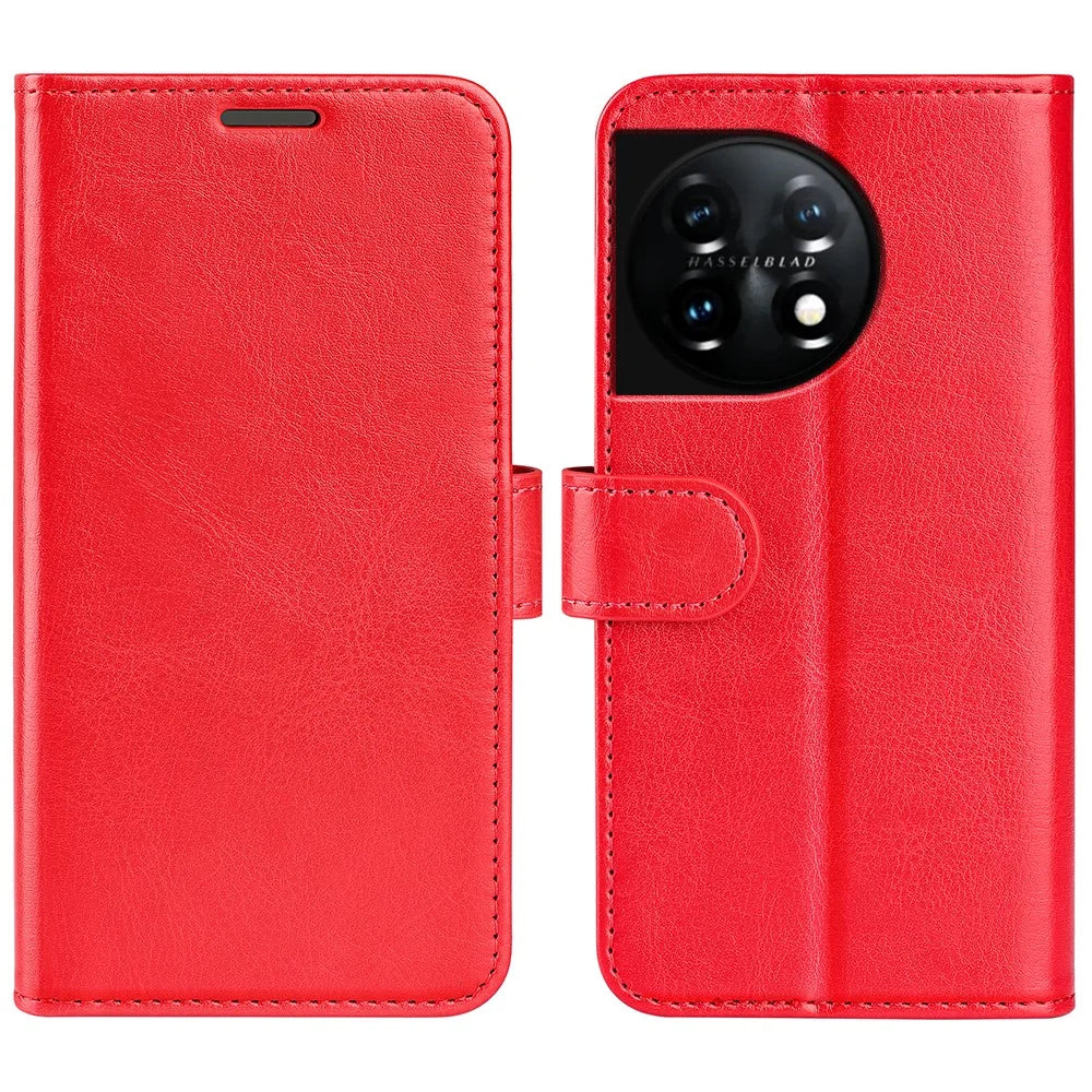 For OnePlus 11 5G Full Protection Crazy Horse Texture PU Leather Magnetic Phone Case Stand Wallet Flip Phone Cover - Red - 1