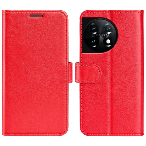 For OnePlus 11 5G Full Protection Crazy Horse Texture PU Leather Magnetic Phone Case Stand Wallet Flip Phone Cover - Red - 1