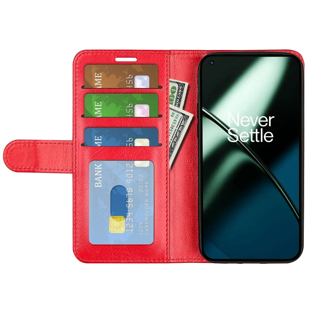 For OnePlus 11 5G Full Protection Crazy Horse Texture PU Leather Magnetic Phone Case Stand Wallet Flip Phone Cover - Red - 2