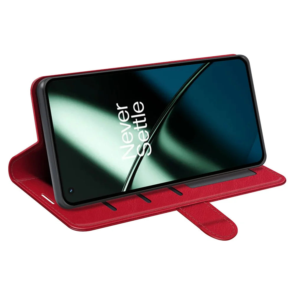For OnePlus 11 5G Full Protection Crazy Horse Texture PU Leather Magnetic Phone Case Stand Wallet Flip Phone Cover - Red - 3