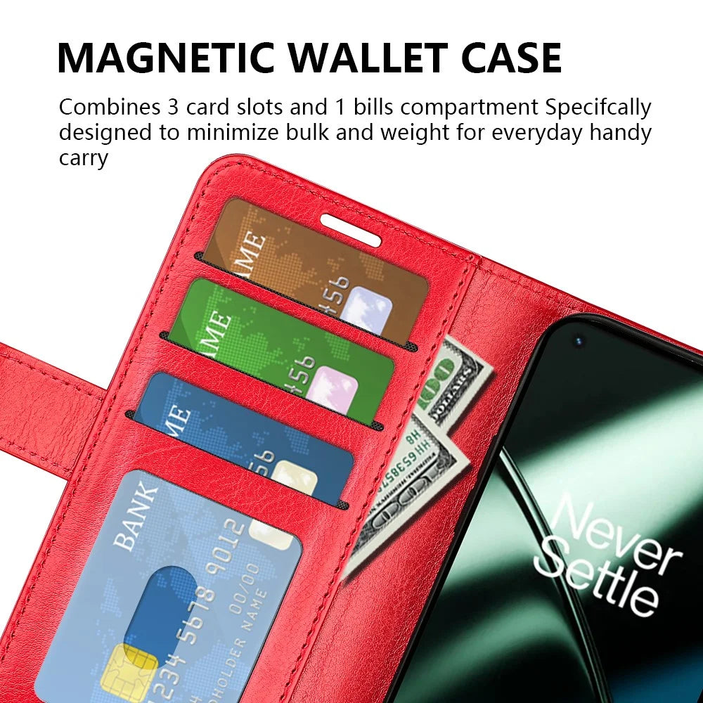 For OnePlus 11 5G Full Protection Crazy Horse Texture PU Leather Magnetic Phone Case Stand Wallet Flip Phone Cover - Red - 5