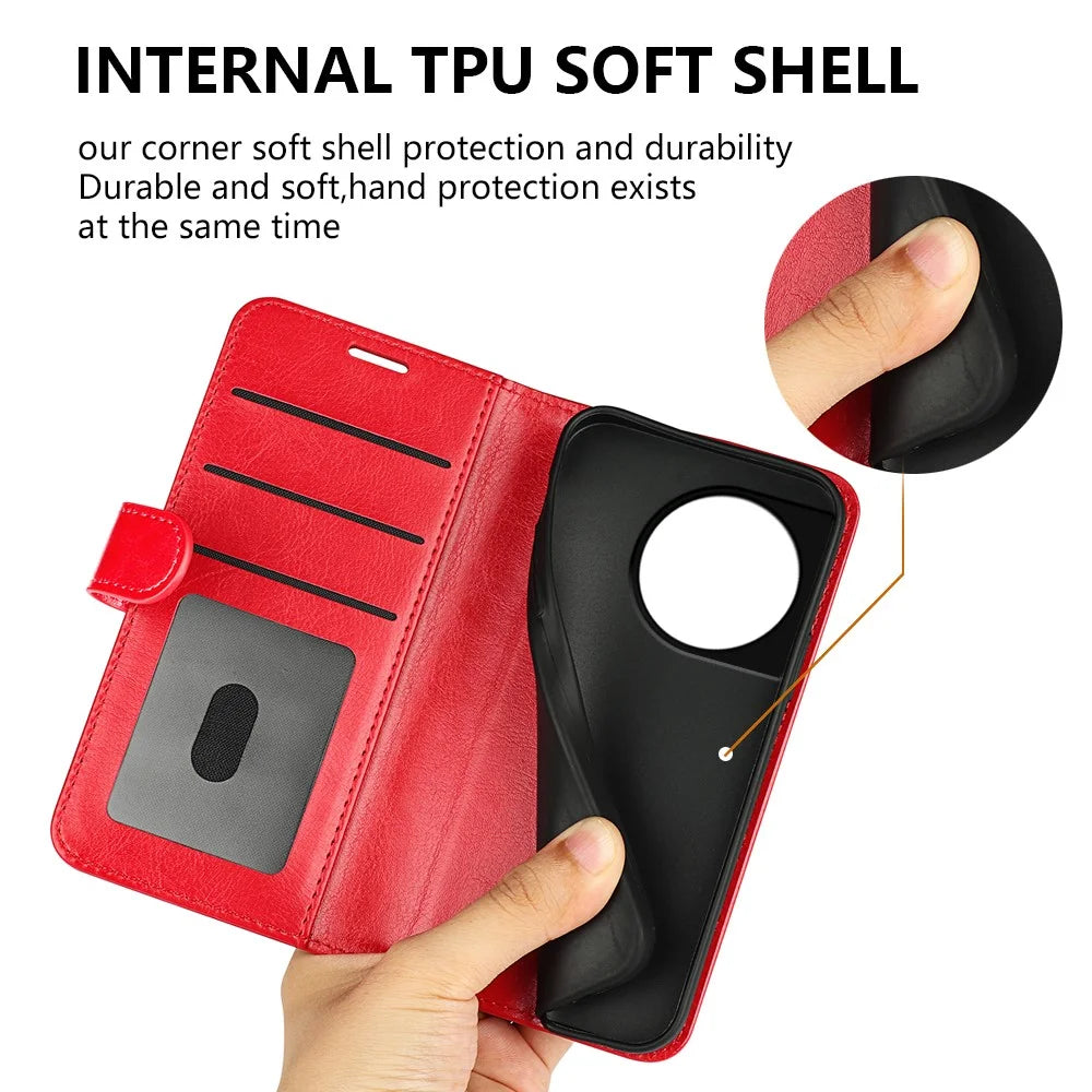 For OnePlus 11 5G Full Protection Crazy Horse Texture PU Leather Magnetic Phone Case Stand Wallet Flip Phone Cover - Red - 6