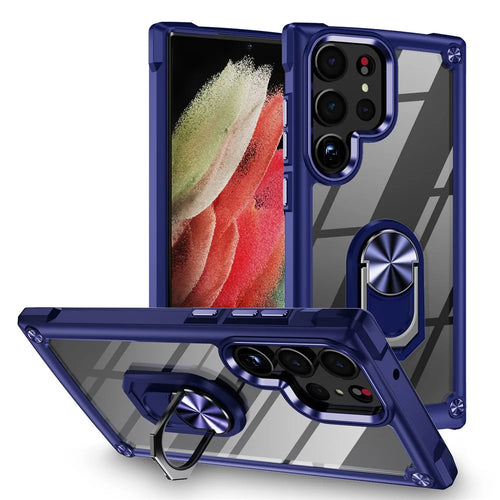 For Samsung Galaxy S23 Ultra Metal Ring Kickstand Protective Case PC + TPU Shockproof Phone Back Cover - Blue - 1