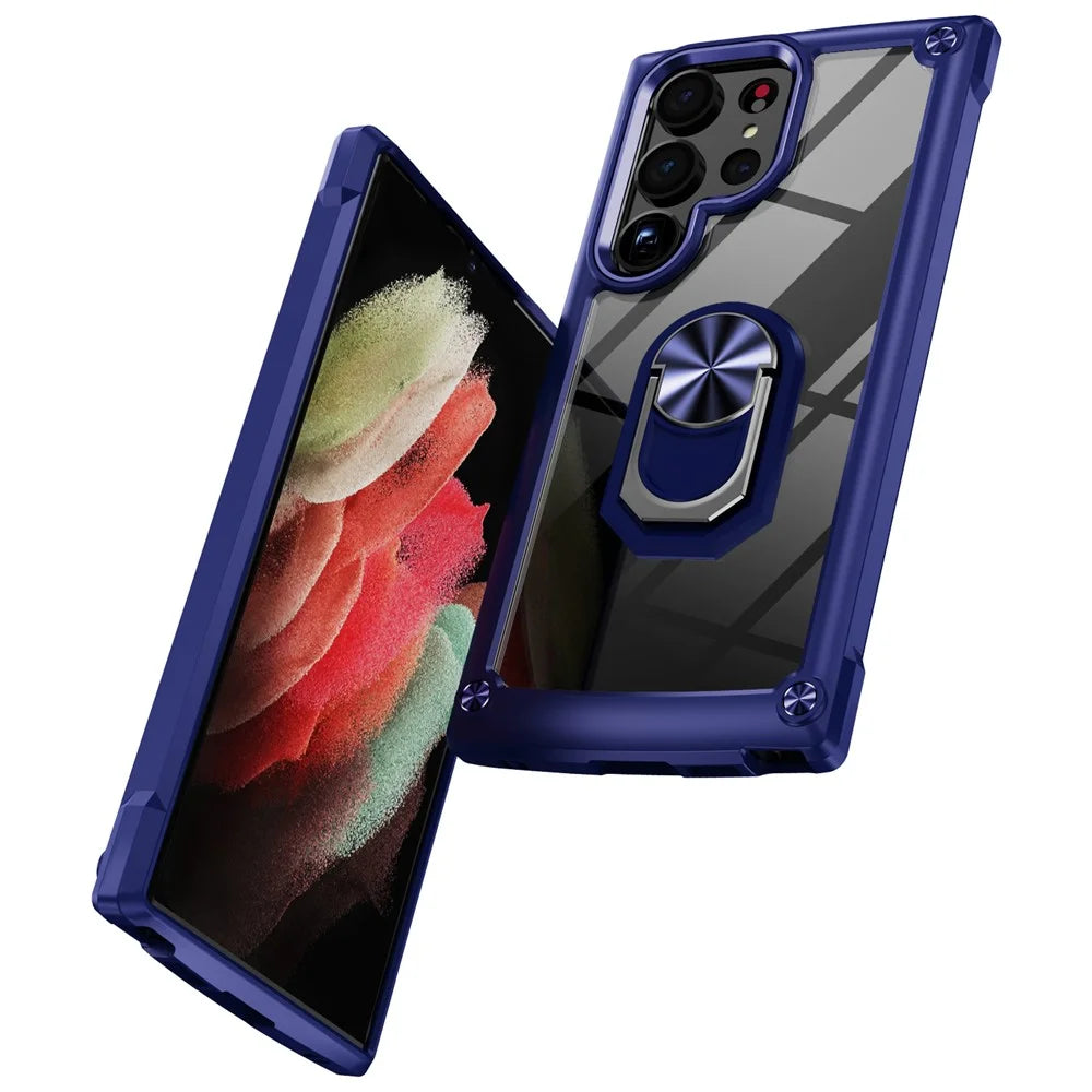 For Samsung Galaxy S23 Ultra Metal Ring Kickstand Protective Case PC + TPU Shockproof Phone Back Cover - Blue - 2